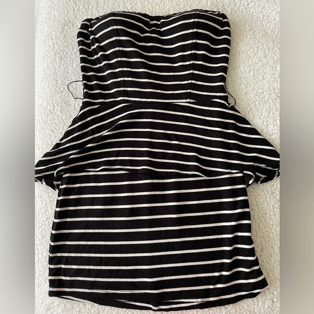 G by Guess Black and White Striped Peplum Dress